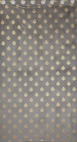 Image of KALIYO Grey Velvet Room Darkening Curtain with Gold Foil Floral Print | Eyelet Window Curtain | Soft Luxury Fabric | 9 Ft | Pack of 1