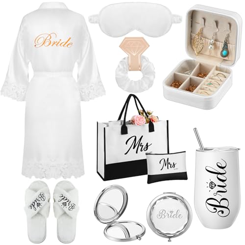 Image of JaGely 9 Pcs Bride to Be Gifts Set Bridal Shower Bachelorette Wedding Gifts with Robe Slippers Tumbler Tote Bag & Bridal Kit