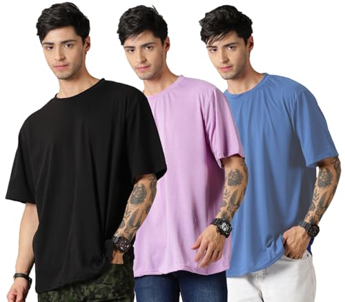 Image of RodZen Oversized Baggy Fit Half Sleeves Round Neck Solid Cotton Blend Combo T-Shirt for Men (Pack of 3)