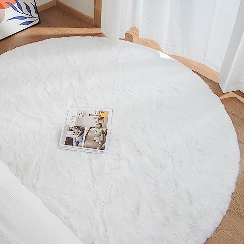 White Faux Rabbit Washable Fur Area Rugs Circle Rugs for Living Room Bedroom Teen Room Fluffy Area Rug 3ft Round Rug