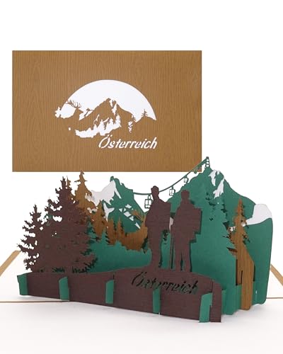 Tarjeta 3D desplegable "Panorama Austria – Paisaje de montaña con grandes campanas" – Tarjeta de felicitación y recuerdo – Papel especial con vetas de madera – Tarjeta de viaje, recuerdo
