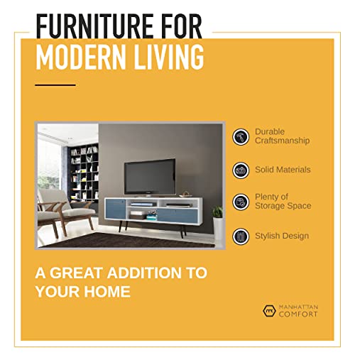 Manhattan Comfort Liberty Mid-Century Modern Living Room Tv Stand With Shelves And A Cabinet With Splayed Legs, 202Amc: 70.86 Inch, Aqua #TOP1