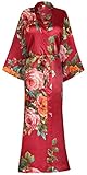 Women's Long Floral Satin Kimono Robes Bridal Dressing Gown Wedding Bridesmaid Nightgown Wine Red