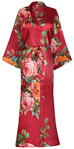 Image of goodmansam Women's Long Floral Satin Kimono Robes Bridal Dressing Gown Wedding Bridesmaid Nightgown