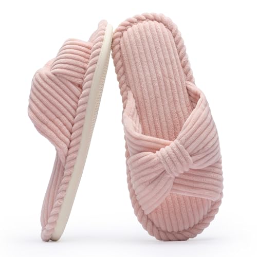 Image of Chantomoo Slippers for Women Memory Foam House Womens Slipper Slides Home Bedroom Bathroom Spa Open Toe Corduroy Bow Slippers Cozy Comfortable
