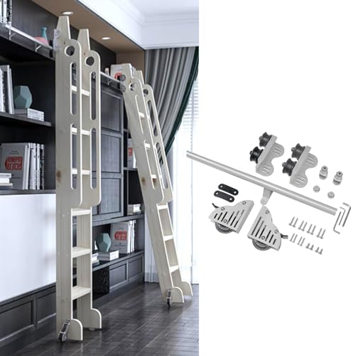 Heavy Duty Steel Library Ladder Kit - Smooth-Sliding Track System, 100-600CM Adjustable Mobile Ladder Rail with Floor Roller Wheels for Home & Indoor Loft (13ft/400cm Track)