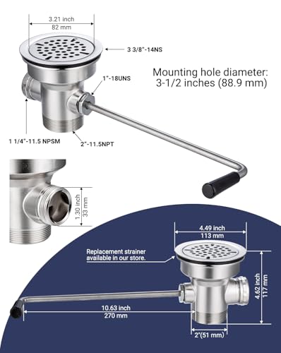 Image of 3-1 /2 inch Commercial Sink Drain with Overflow, Twist Handle Waste Drain Valve | Zn-alloy & Stainless Structure Chrome Finish for Restaurant Industrial Deep 3 Compartment Sink, 2 inch NPT Outlet Double-Thread