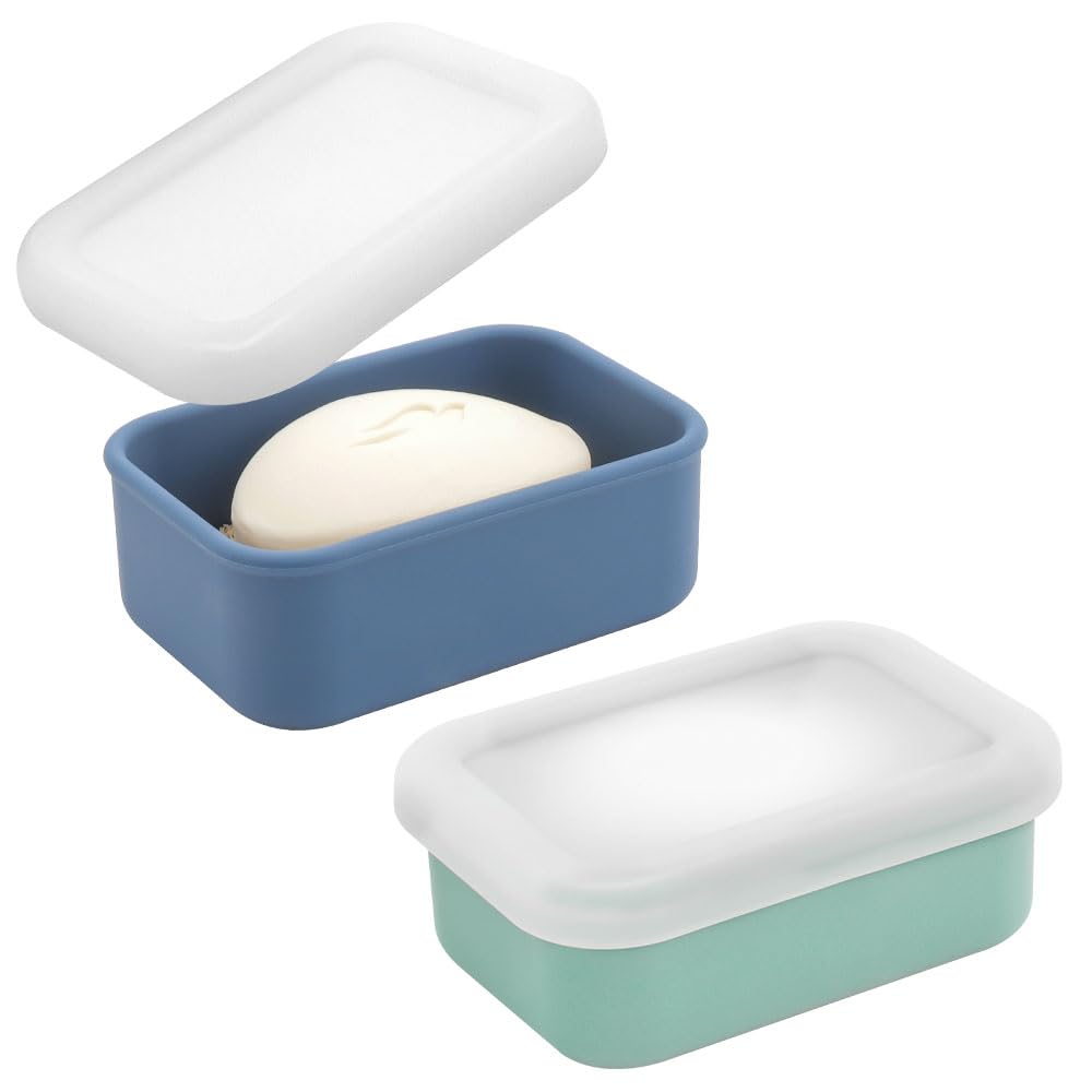 HUNGBAN 2 PCS Travel Soap Case with Lid, Leak-Proof Silicone Portable Soap Box for Family & Holiday, Compact Travel Soap Dish for Wet Soap Bars (Blue-Green)