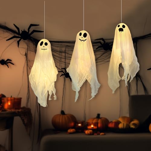 Halloween Deko Geist Mit Warmweißen LED, 3 Stück Halloween Hängende Geister Deko 45cm, Helloween Ghosts, Halloween Geistergesicht Windsack, Halloween Deko Für Hof, Garten, Terrasse, Rasen, Partydekor