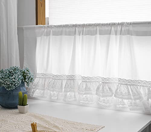 Meaning4 White Lace Ruffled Valance Curtain Toppers Kitchen Window Short Curtain Rod Pocket Cotton 60"X18" 1Pc #TOP6