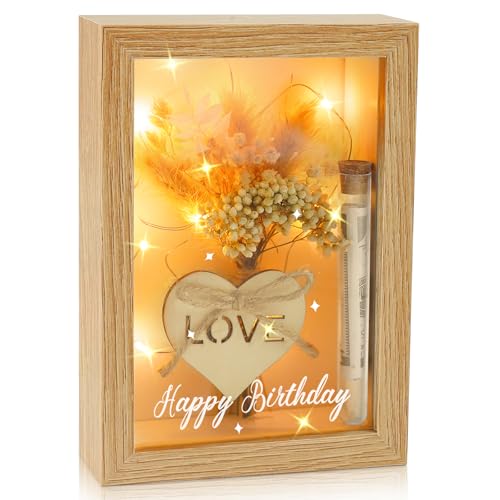 Caja de regalo de dinero para ocasiones especiales – Idea de regalo para bodas, bautizos o cumpleaños con marco de madera, flores secas, tubo de ensayo (cumpleaños)