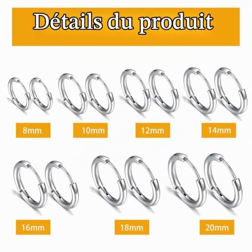 GNALIA Creoles Acier Inoxydable 7 Paires Boucles D'Oreilles Créoles Chirurgical Hypoallergénique 8/10/12/14/16/18/20Mm Pour Homme Et Femme Argenté – vue 2