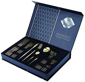Matte Gold Cutlery Set, 24 Piece Stainless Steel Flatware Knife Fork Spoons, Serves 6 with Gift Box Matt