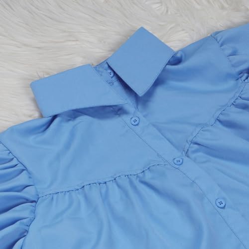 Image of WOKANSE Women's Cute Babydoll Dresses Casual Loose Puff Sleeves Ruffle Hem Button Down Pleated Shirt Dress