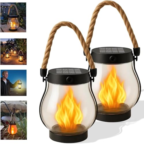 Kaliqo Lot de 2 lanternes solaires d'extérieur avec flammes dansantes, 1500 mAh, IP65, étanches IP65, pour table extérieure, terrasse, balcon, décoration de cour intérieure