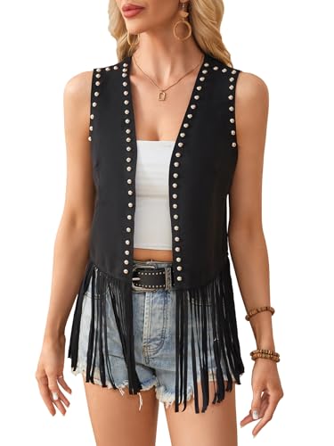 Verdusa Women's Studded Fringe Vest Western Open Front Sleeveless Outerwear