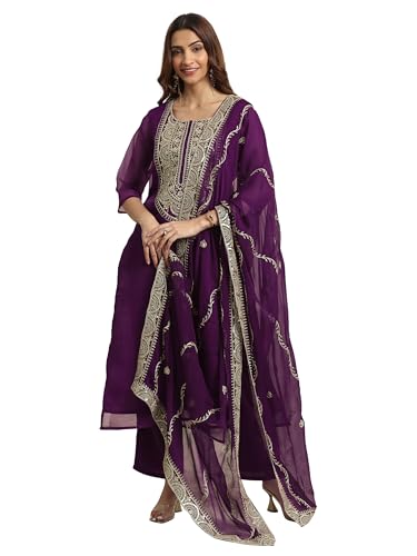 Image of Libas Burgundy Yoke Design Organza Straight Kurta set for Women | daily wear suit