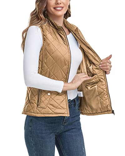 Chaleco para mujer actualizado 2022 con un bolsillo interior, cuello alto, ligero, acolchado, con cremallera, para mujer, Camello, Large Cover