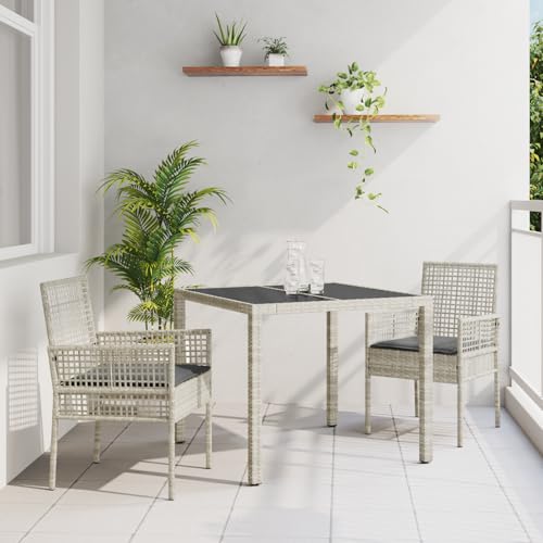 Qnhdfrt Table de jardin carrée avec 2 chaises, gris clair, en polyrotin, pour terrasse, balcon, jardin