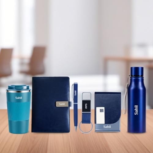 Image of Giftana Personalized Diary with Pen, Coffee Tumbler 510ml, Water Bottle 750ml, Keychain, Card holder Gift Set for Men and Women, 6 in 1 Personalised Corporate Gifting for Employee (Blue)