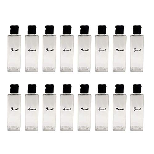 Image of HARRODS Empty Square Clear Plastic Bottles 100ml (Pack of 16) - Refillable Travel Size Cosmetic Travelling Containers Small Leak Proof Squeeze Bottles with Black Flip Cap for Toiletries, Shampoo