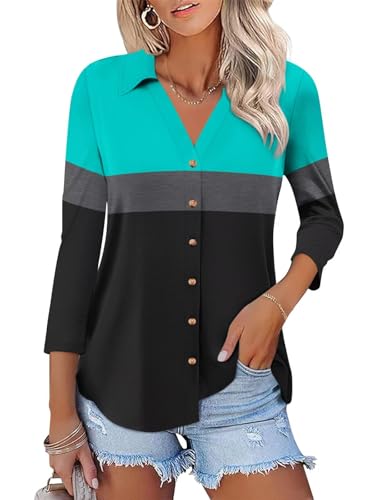 ORANDESIGNE Women's Button Down Shirts 3/4 Length Sleeve Polo Collared Tops Business Casual Color Block Summer Tees