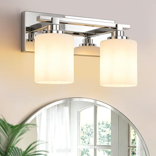 Image of Modern Bathroom Lighting Fixtures Over Mirror, Vanity Lights for Bathroom, Wall Sconces with Milky White Glass Shades, E26 Ceramic Socket, 2-Light 14-inch Chrome