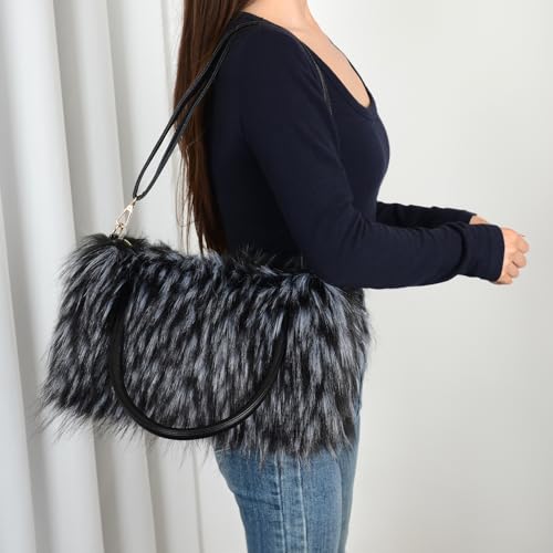Bolso bandolera de piel sintética y peluche para mujer miniatura 3