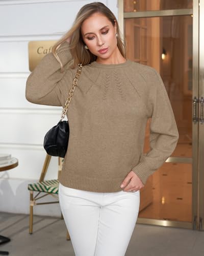 COSSEN Fall Sweaters for Women 2025 Casual Long Sleeve Crewneck Pullover Sweater Knit Top L Khaki — view 6