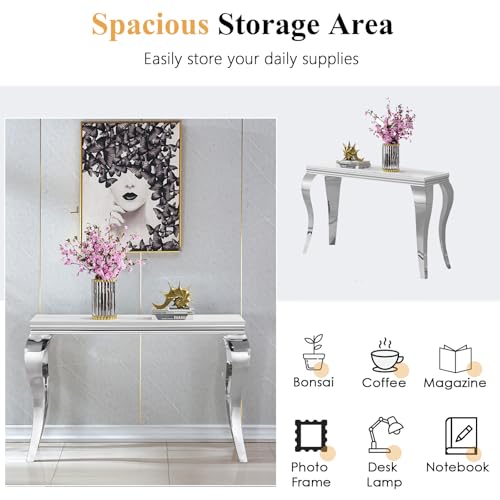 Image of Luxury Coffee Table Set of 2, Rectangular Coffee Table with Sofa Console Table, Modern 2 Piece Living Room Table Set with Faux Marble Top & Silver Stainless Steel S Legs for Apartment Home Office