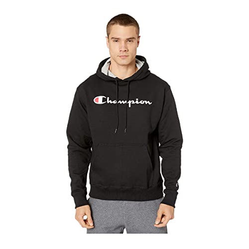 Champion Powerblend Fleece Hoodie, Hooded Sweatshirt For Men, (Reg. Or Big & Tall), Black Script, Large #TOP12