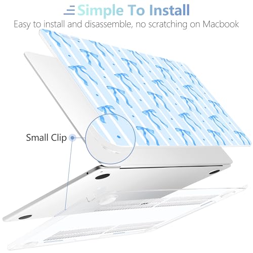 Image of MEEgoodo Case for M5 /M4 /M3 /M2 MacBook Air 13 inch 2026 2025 2024 2022, Fit Model A3449 /A3240 /A3113 /A2681, Case Compatible with MacBook Air 13.6-inch, Coquette Blue Ribbon Bow&Stripe