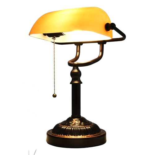 Rizzyluz Bankers Desk Lamp with USB-A Port, Rustic Desk Lamp Pull Chain with Yellow Glass Shade, Vintage Banker's Desk Lamp Oil Rubbed Bronze for Home Office Library