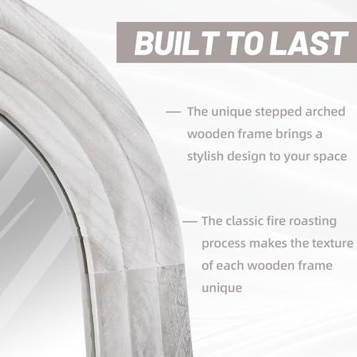 Arched Full Length Mirror with Solid Wood Frame, 65x22 Farmhouse Wall Mirror Full Length with Stand, Vertical Hanging, Leaning Standing for Bedroom, Living Room, Rustic White