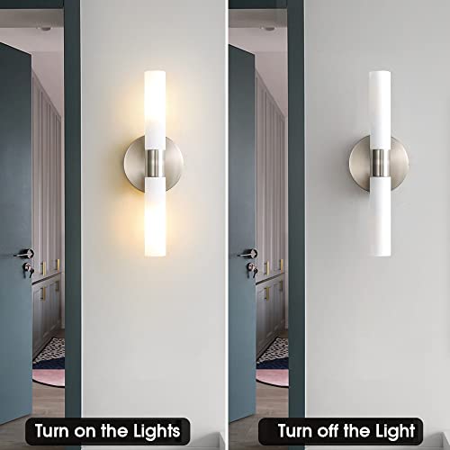 Wall Sconces Set Of Two,Brushed Nickel Modern Bathroom Sconces Wall Lighting Frosted Glass Shade Indoor Wall Mounted Lights Indoor Bathroom Vanity Light Fixtures For Bedroom Living Room Stairs #TOP5