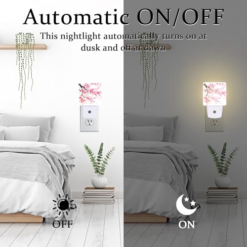 Image of Watercolor Cherry Blossoms Tree Night Light for Kids,Abstract Pink Floral Night Light Plug in with Dusk to Dawn Sensor,0.5w Energy Saving Nightlight for Hallway Stairway Kitchen Bedroom