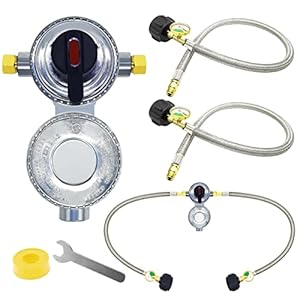 2-Stage Automatic Changeover LP Propane Gas Regulator with Two 18″ RV Pigtail Propane Hoses with Gauge, Stainless Braided QCC1 1/4″ Inverted Male Flare, Propane LP Gas Regulator for RV Camper Trailer