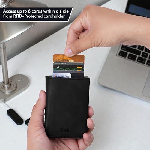 Image of The Wallet Store SlideX Neo RFID-Protected Pop-Up Card Holder Wallet for Men | Minimalist Leather Smart Wallet with Quick Access Ejector | Compact Dual-Color Card Case | Holds 6-10 Cards (Black)