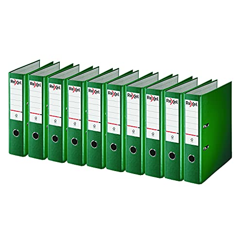 Rexel A4 Lever Arch Files, Green Polypropylene Filing Folders, Durable PP ECO 75 mm Spine Holds Up to 500 Sheets, for A4 Document Storage and Everyday Filing, Pack of 10