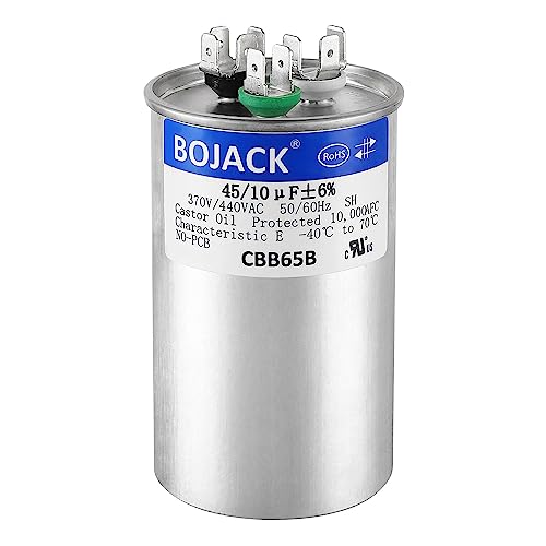 BOJACK 45+10 uF ±6% 45/10 MFD 370/440 VAC CBB65 Dual Run Start Round Capacitor for Condenser Straight Cool or Heat Pump Air Conditioner or AC Motor and Fan Starting