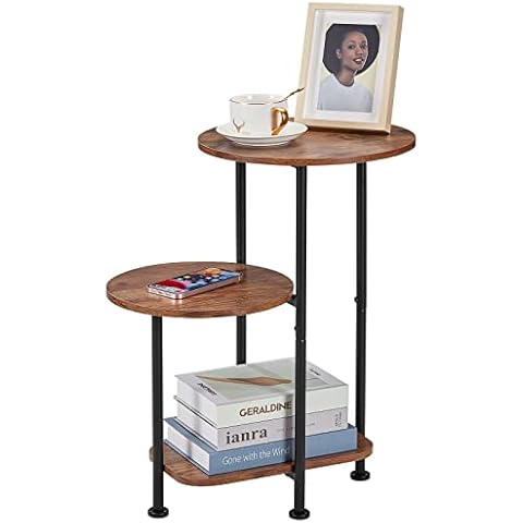 Mesa auxiliar redonda de 2 niveles con estante de almacenamiento, marrón rústico Cover