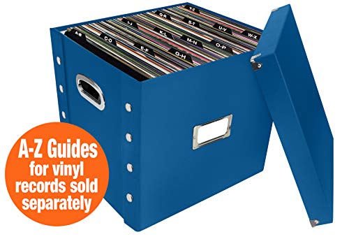 Image of Snap-N-Store 12 In Vinyl Record Box, LP Holder with Lid, Classic Blue | Collapsible crate holds up to 75 vinyl albums, snaps together for easy assembly, stylish shelf display
