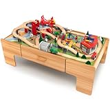 KOTEK Train Table with 100 Pieces, Wooden Kids Activity Table with Storage Drawer, Railway, Track, Cars, Town...
