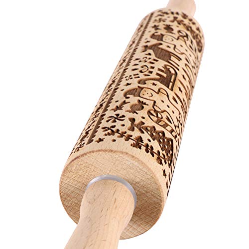 Christmas Embrossed Wooden Rolling Pins,Evermarket Engraved Embossing Rolling Pin With Christmas Reindeer Pattern For Baking Embossed Cookies Cute Kitchen Tool For Kids And Adults,Christmas Snowman #TOP1