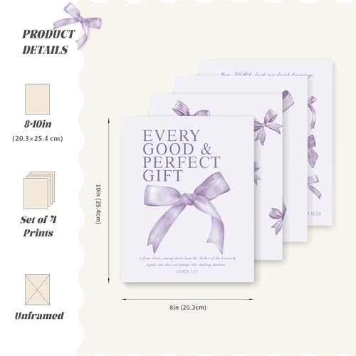 Image of LARTSFRO Coquette Purple Bow Wall Art Decor Posters, Purple Bow Christian Room Bedroom Bathroom Dorm Wall Art Decor for College Teen Girls Kids Gifts, Inspirational Bible Verses Bow Wall Decor, 10x8 Inch Set of 4 Pcs Bow Pictures (UNFRAMED)
