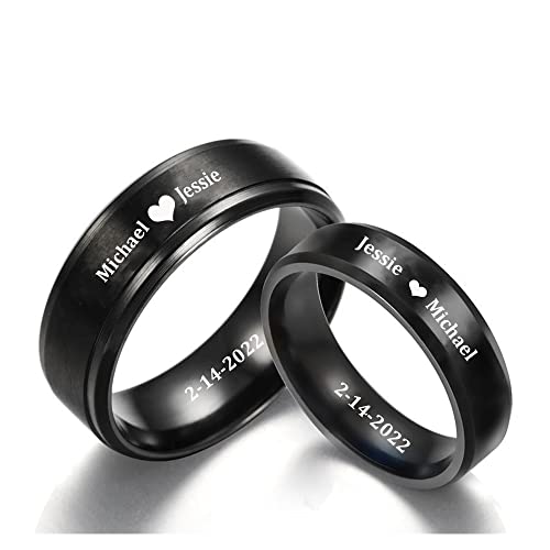 Personalized Matching Rings for Couples Stainless Steel Promise Rings for Couples Set with 2 Rings Engrave Name Ring Black Couples Rings for Him and Her Engagement Wedding Ring Set for Women Men Valentine's Day Jewelry (Custom Couple Rings Set)
