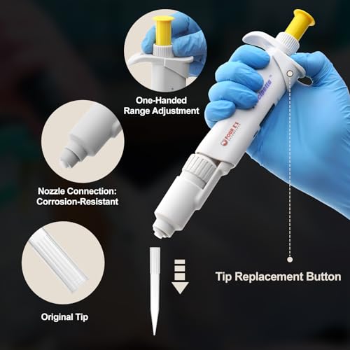 Image of 4E's USA Lab 1-5mL Pipette: Single-Channel Adjustable Micropipette with Color-Coded Top (Yellow), 4 Digit Display, Universal Tip Cone, High Accuracy, ISO 8655 Calibrated & Lower Portion Autoclavable