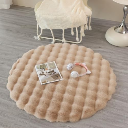 LightRiseラグマット 円形 北欧 おしゃれ 可愛い クリーム色のウサギのぬいぐるみラウンドカーペットソファラウンドマットフロアマットリビングルームコーヒーテーブルぬいぐるみカーペットバブルベルベット (カーキ,直径160cmの円形)
