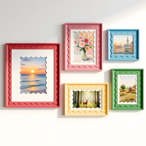 Image of Vicenpal 5 Pack Colorful Scalloped Picture Frames 4 Sizes Cute Curved Picture Frames for Desktop Display Home Decor Family Friends Wedding Graduation Gifts(Pink, Green, Yellow, Blue, Red)