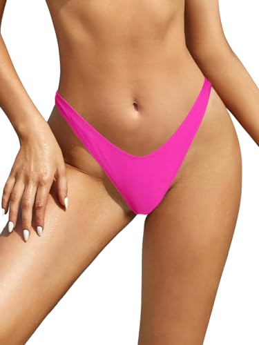 SHEKINI Women Thong Bikini Bottoms V Cut High Leg Cheeky Brazilian Swimsuit Bottom, Fluorescent Pink, Medium